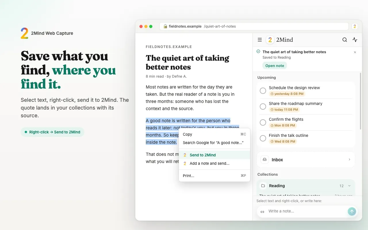 The 2Mind side panel in Chrome, with a selected paragraph ready to be saved into a collection.
