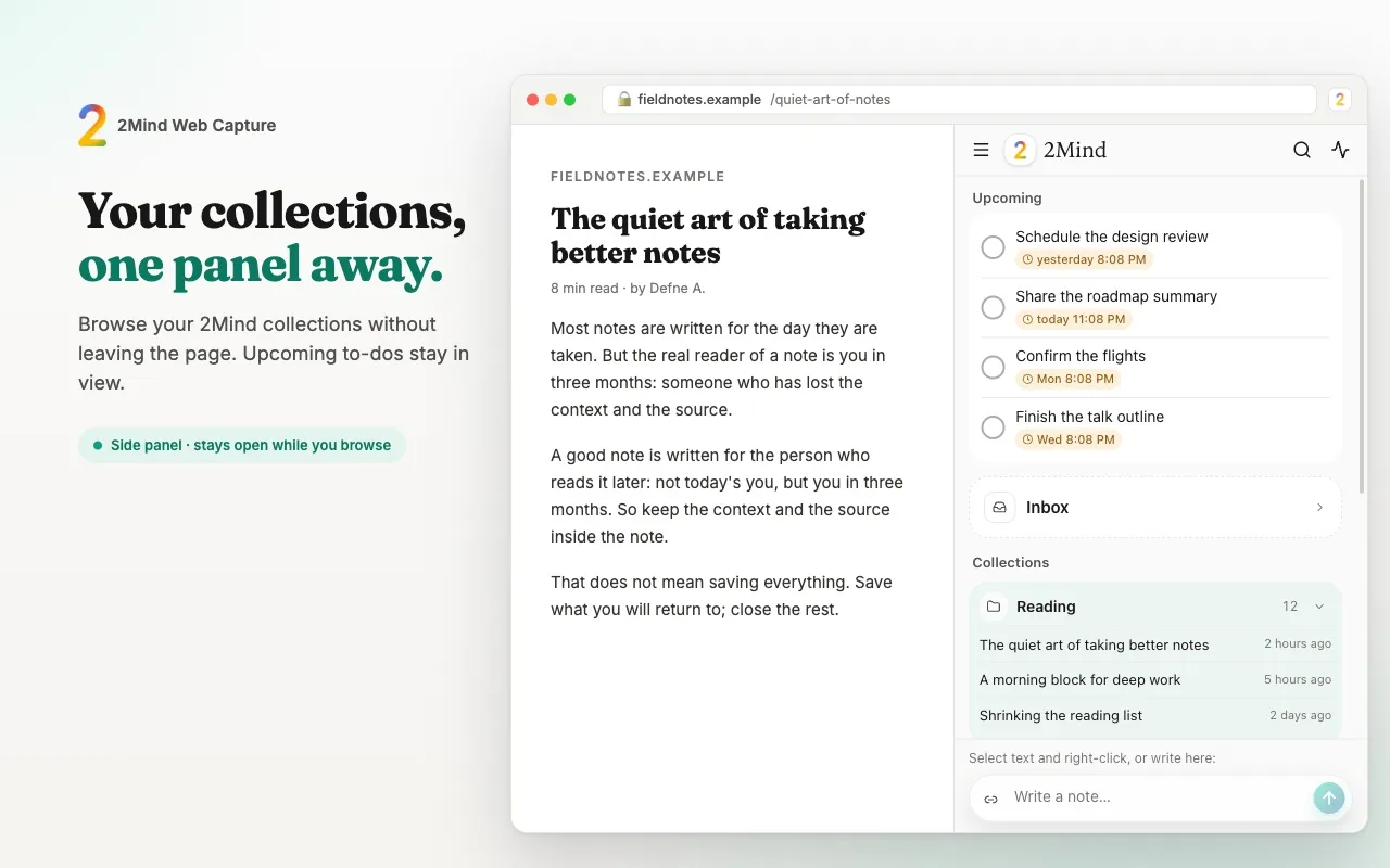 The 2Mind side panel home screen listing collections and recent notes.