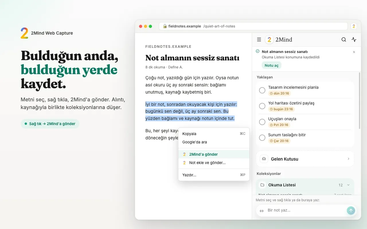 Chrome'da 2Mind yan paneli; seçilen bir paragraf bir koleksiyona kaydedilmeye hazır.