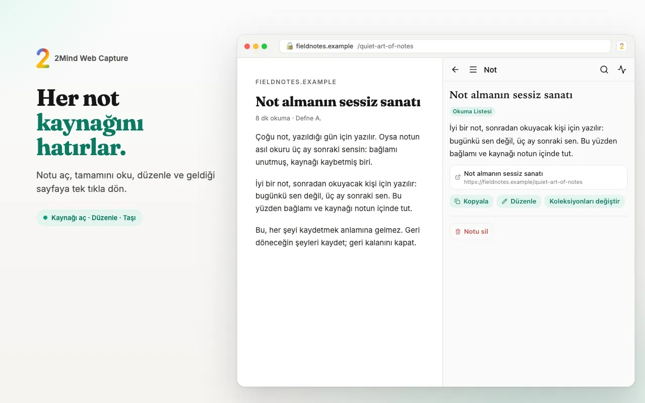 Yan panelde kaydedilmiş bir not; kaynak kartında sayfa başlığı ve adresi görünüyor.