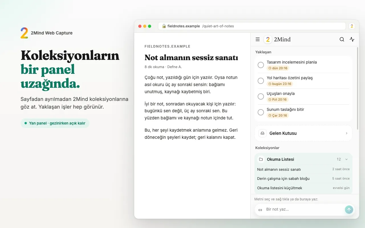 2Mind yan panelinin ana ekranı; koleksiyonlar ve son notlar listeleniyor.