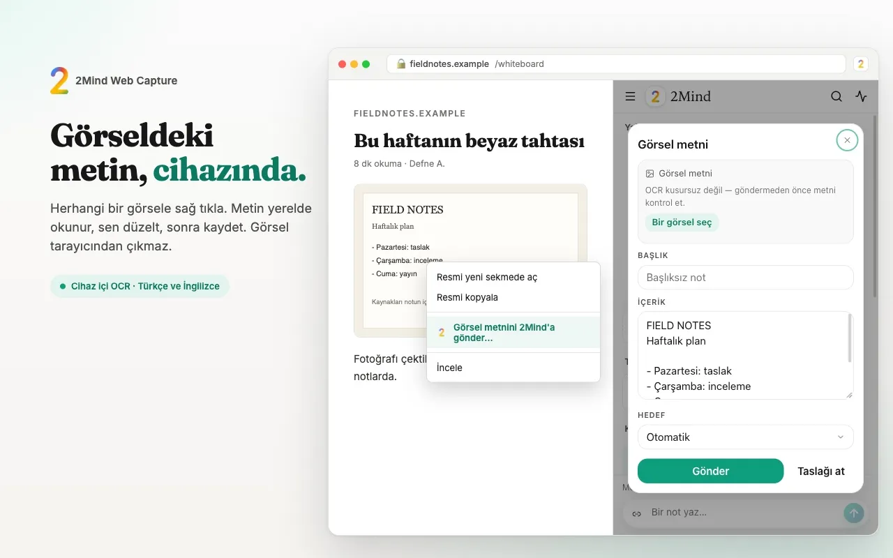 Yan panel bir görselden tanınan metni gösteriyor; kaydedilmeye hazır.